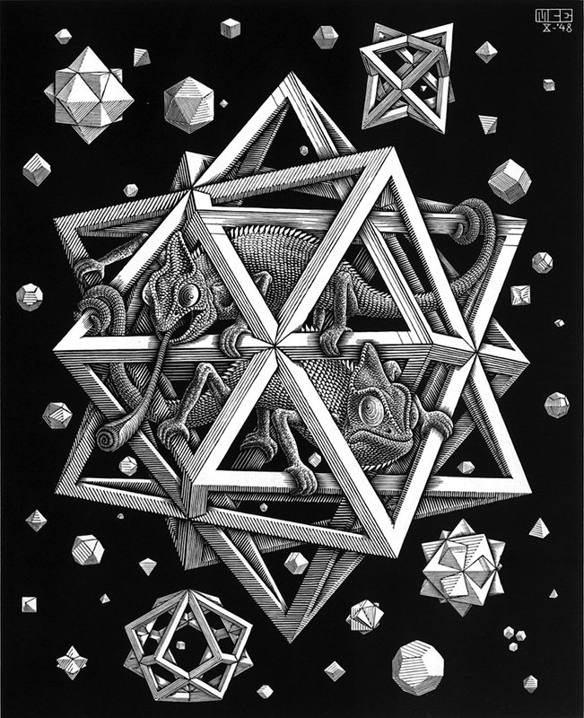 "Stelle" di Maurits Cornelis Escher, con il suo uso di Solidi Platonici e del “De divina proportione” di Fra Luca Pacioli