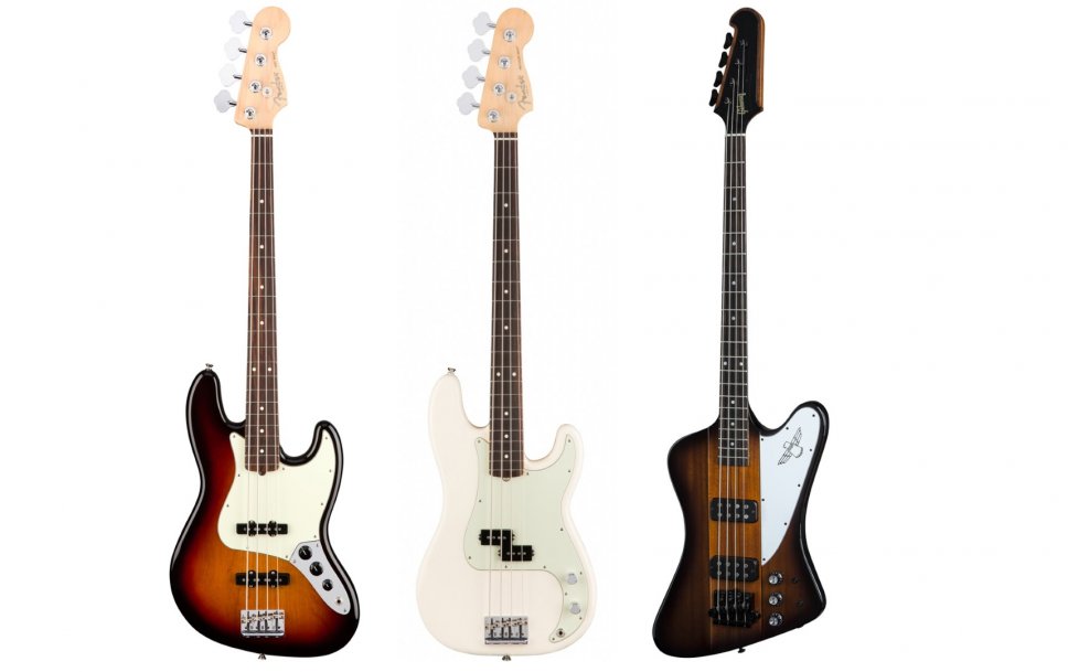 Da sx: Fender Jazz Bass, Fender Precision, Gibson Thunderbird