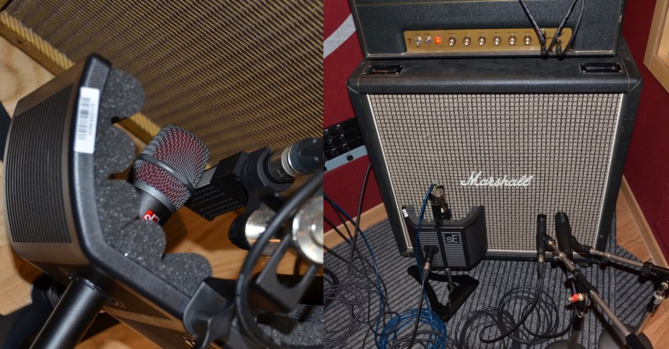 Microfonazione della chitarra elettrica e particolare (dx) dei mic sE Electronics