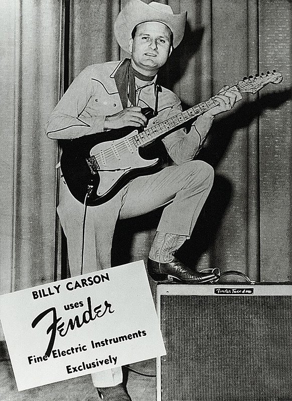 Bill Carson in una delle primissime pubblicità della Fender Stratocaster