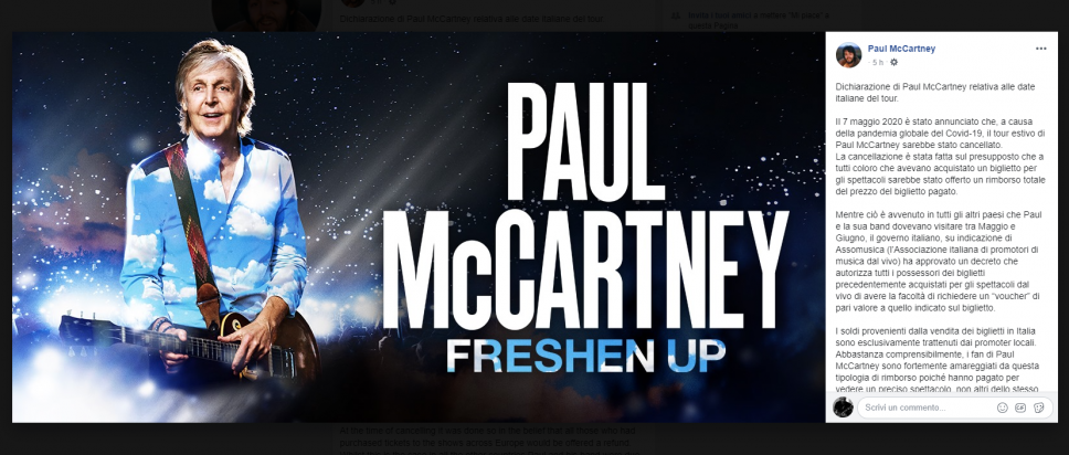 Paul McCartney contro il voucher per i concerti annullati