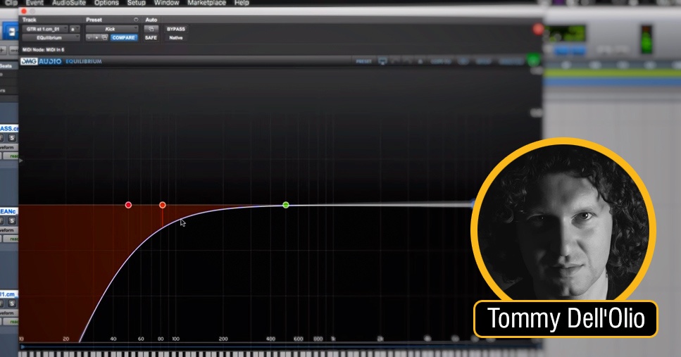 Equalizzatore parametrico con curva high pass filter attiva per tagliare le frequenze basse problematiche nel mix