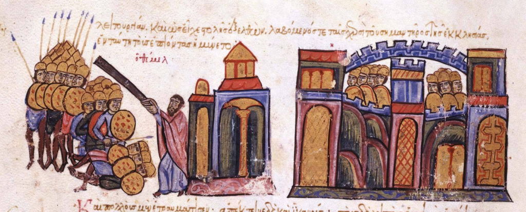 Il prete Themel scaccia gli Arabi col suo Simandro (manoscritto Madrid Skylitzes)