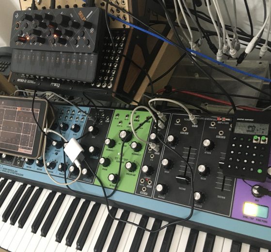 Synth semi-modulare con jack patch e manopole su un piano di lavoro, esempio di setup modulare contemporaneo