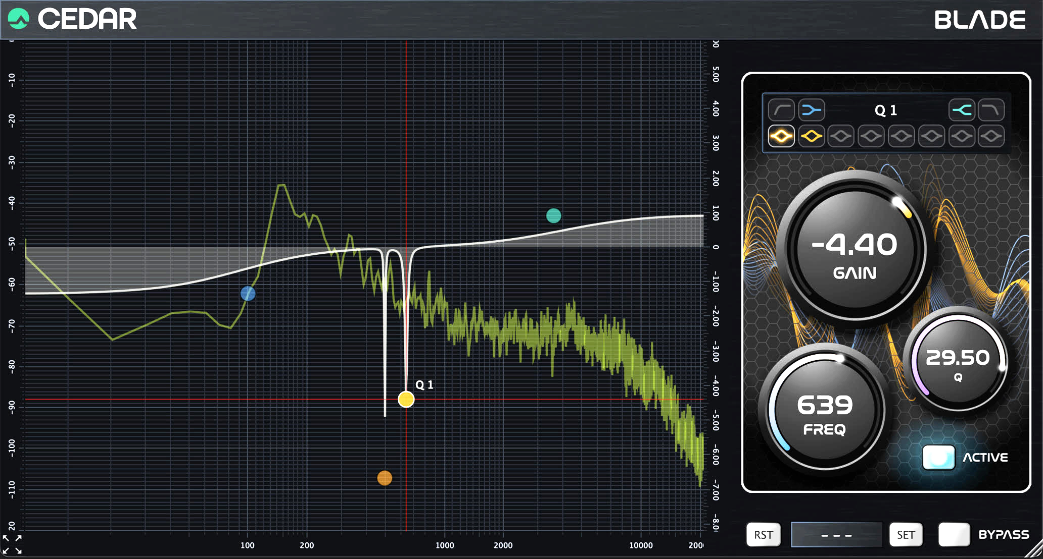Interfaccia del plugin CEDAR Audio Blade, analizzatore ed equalizzatore a iperrisoluzione per studio e mastering
