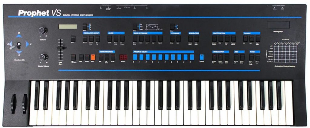 Pannello frontale del Sequential Circuits Prophet VS, il sintetizzatore a sintesi vettoriale del 1986