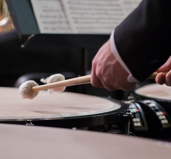 Timpanista di orchestra ripreso di lato dietro una fila di timpani, con le mazze sollevate sopra la pelle
