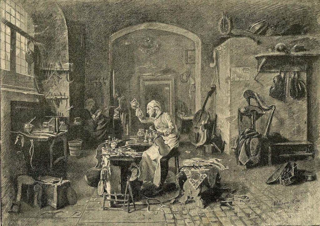 Dipinto ottocentesco che raffigura Antonio Stradivari al banco nella sua bottega di Cremona, circondato da strumenti e attrezzi